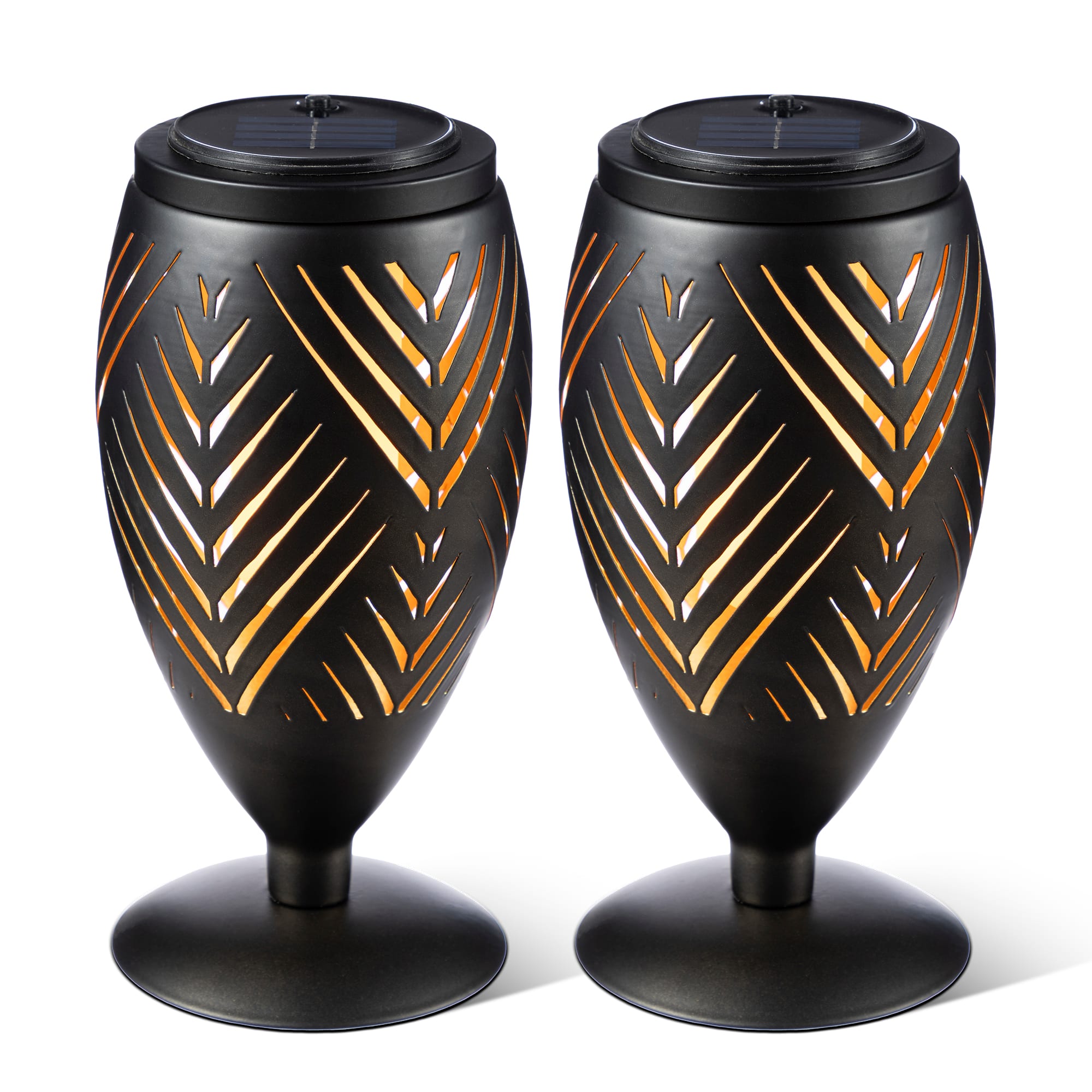 Glitzhome® 8.75" Set of 2 LED Black Metal Chevron Cutout Solar Powered Outdoor Lantern